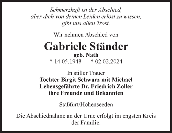 Traueranzeige von Gabriele Ständer von Volksstimme Staßfurt