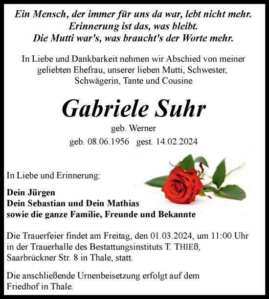 Traueranzeige von Gabriele Suhr von Trauerkombi Quedlinburg