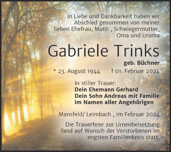 Traueranzeige von Gabriele Trinks von Trauerkombi Mansfelder Land