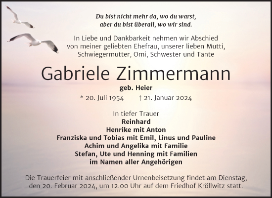 Traueranzeige von Gabriele Zimmermann von Mitteldeutsche Zeitung Halle/Saalkreis