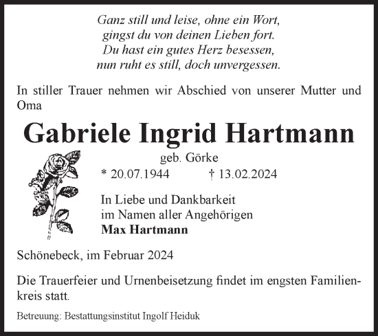 Traueranzeige von Gabriele Ingrid Hartmann von Volksstimme Schönebeck