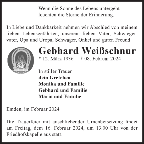 Traueranzeige von Gebhard Weißschnur von Volksstimme Haldensleben/Wolmirstedt