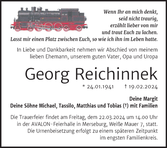 Traueranzeige von Georg Reichinnek von Trauerkombi Merseburg