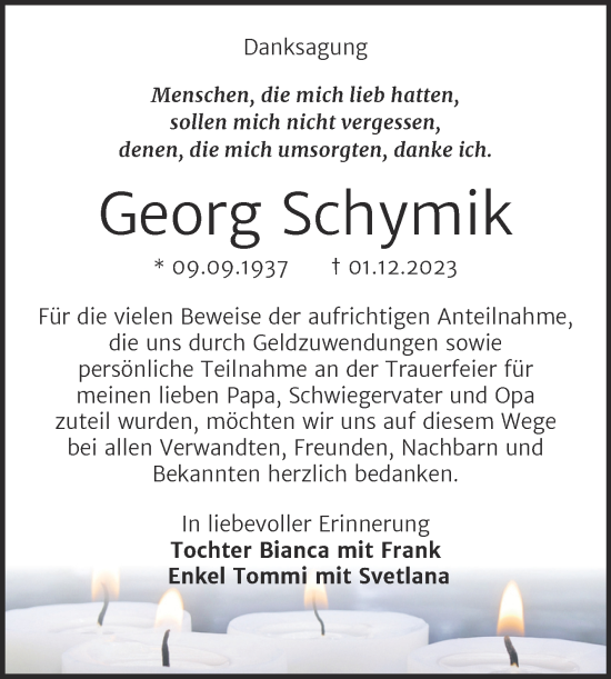 Traueranzeige von Georg Schymik von Mitteldeutsche Zeitung Weißenfels