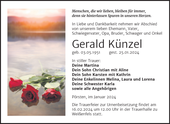 Traueranzeige von Gerald Künzel von Trauerkombi Weißenfels