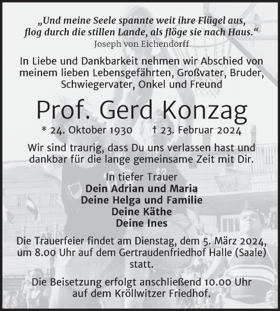 Traueranzeige von Gerd Konzag von Mitteldeutsche Zeitung Halle/Saalkreis