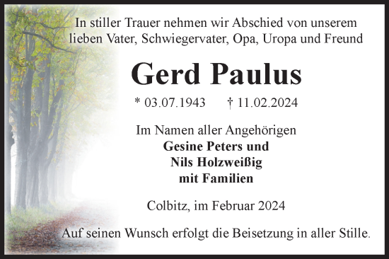 Traueranzeige von Gerd Paulus von Volksstimme Haldensleben/Wolmirstedt