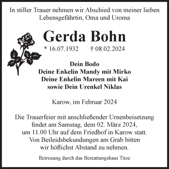 Traueranzeige von Gerda Bohn von Volksstimme Burg/Genthin