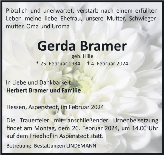 Traueranzeige von Gerda Bramer von Volksstimme Halberstadt