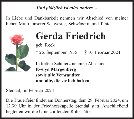Traueranzeige von Gerda Friedrich von Volksstimme Altmark Ost