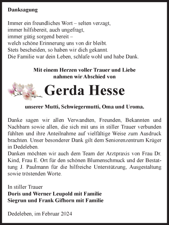 Traueranzeige von Gerda Hesse von Volksstimme Halberstadt