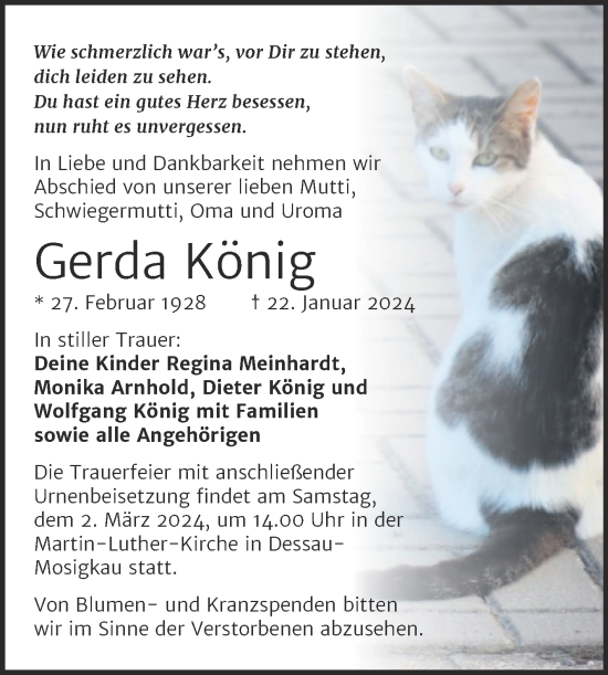 Traueranzeige von Gerda König von Trauerkombi Dessau