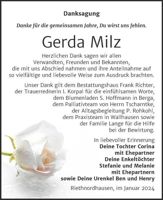 Traueranzeige von Gerda Milz von Trauerkombi Sangerhausen