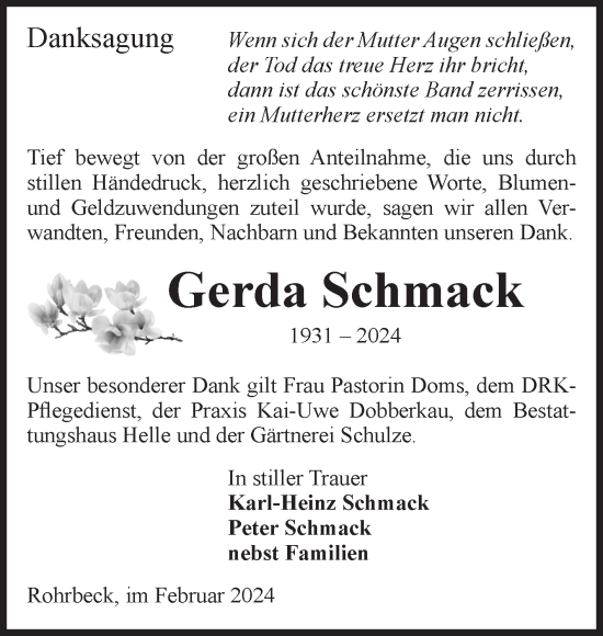 Traueranzeige von Gerda Schmack von Volksstimme Altmark Ost