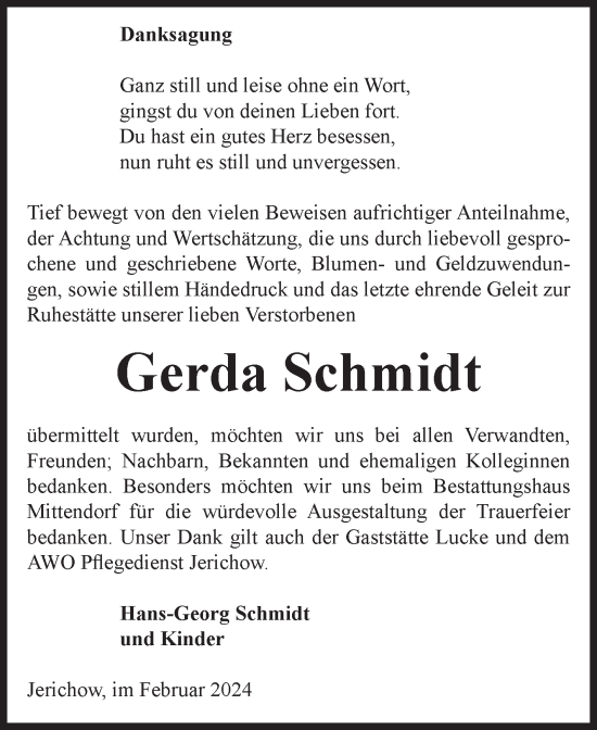 Traueranzeige von Gerda Schmidt von Volksstimme Burg/Genthin