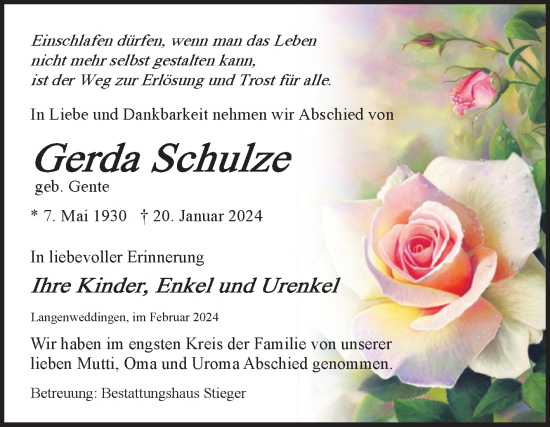 Traueranzeige von Gerda Schulze von Volksstimme Oschersleben/Wanzleben