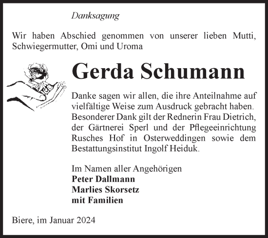 Traueranzeige von Gerda Schumann von Volksstimme Schönebeck