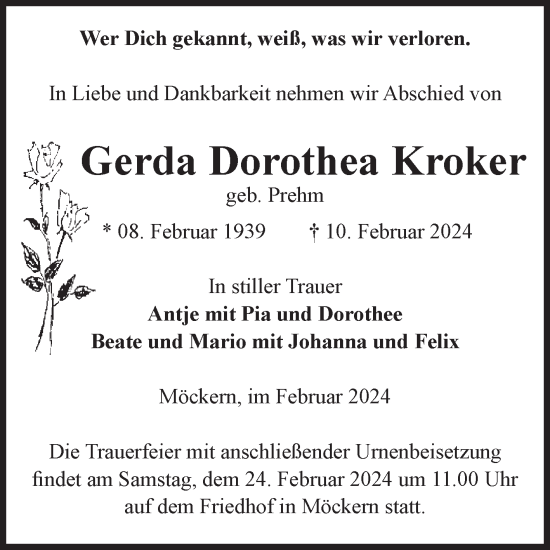 Traueranzeige von Gerda Dorothea Kroker von Volksstimme Burg/Genthin