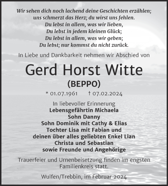 Traueranzeige von Gerd Horst Witte von Trauerkombi Köthen