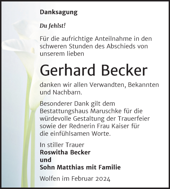 Traueranzeige von Gerhard Becker von Trauerkombi Bitterfeld
