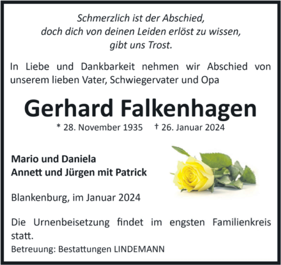 Traueranzeige von Gerhard Falkenhagen von Volksstimme Wernigerode
