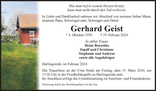 Traueranzeige von Gerhard Geist von Volksstimme Wernigerode