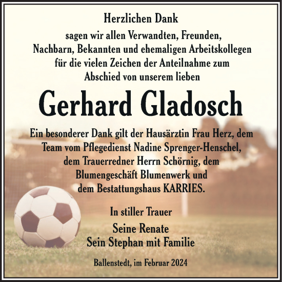 Traueranzeige von Gerhard Gladosch von Trauerkombi Quedlinburg