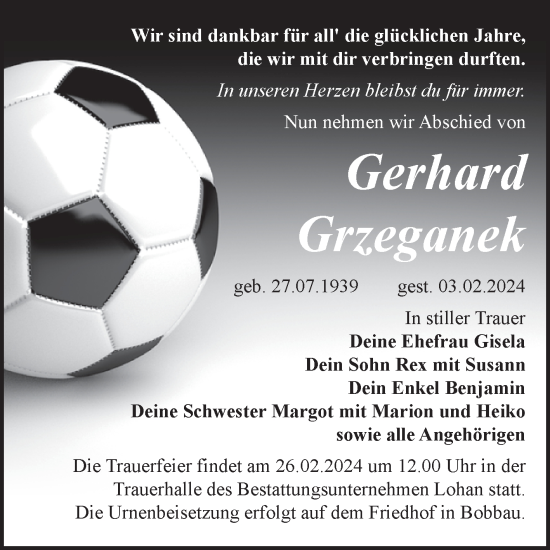 Traueranzeige von Gerhard Grzeganek von Trauerkombi Bitterfeld
