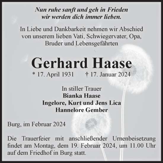 Traueranzeige von Gerhard Haase von Volksstimme Burg/Genthin