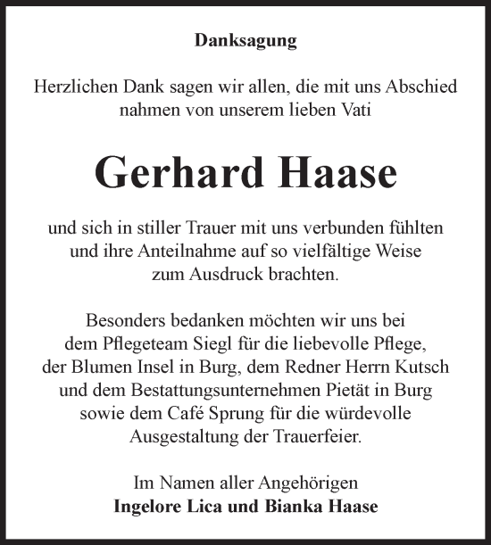 Traueranzeige von Gerhard Haase von Volksstimme Burg/Genthin