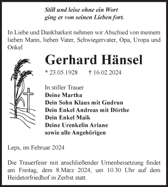 Traueranzeige von Gerhard Hänsel von Volksstimme Zerbst