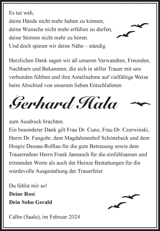 Traueranzeige von Gerhard Hala von Volksstimme Schönebeck