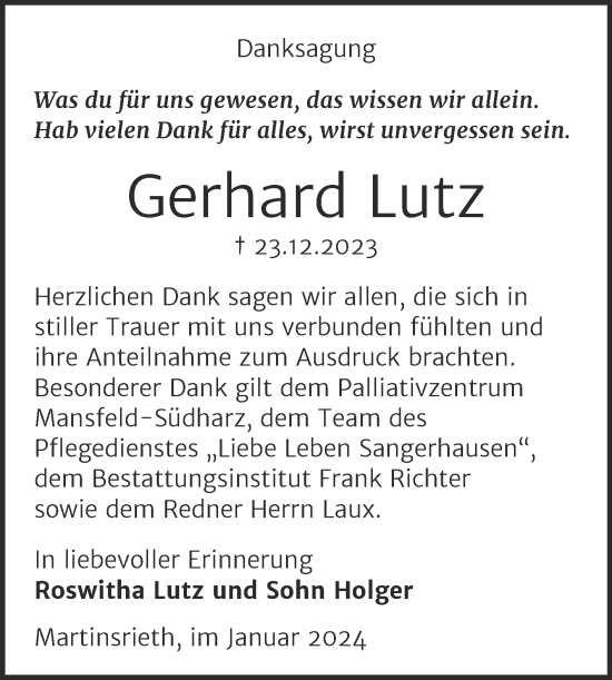 Traueranzeige von Gerhard Lutz von Trauerkombi Sangerhausen