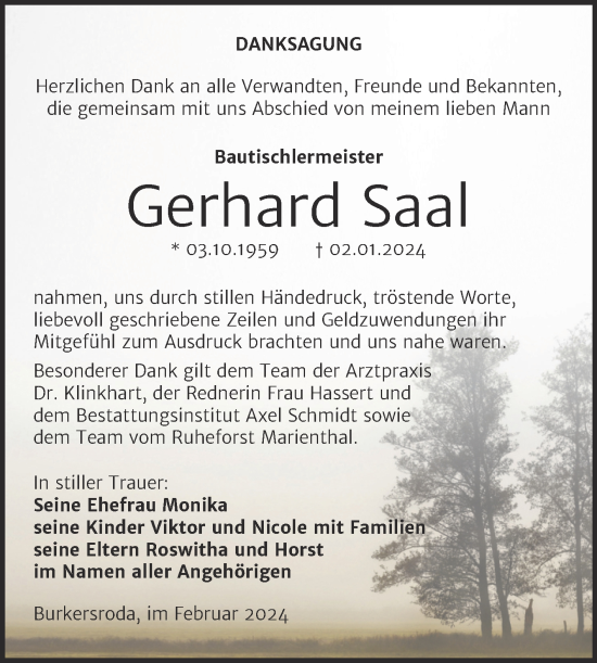 Traueranzeige von Gerhard Saal von Naumburger Tageblatt
