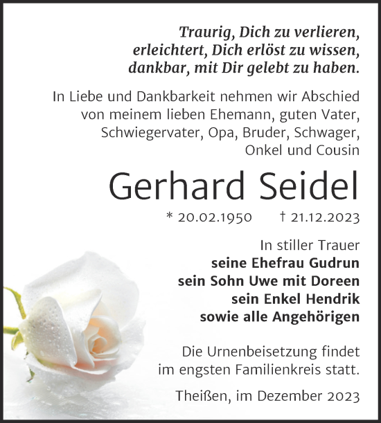 Traueranzeige von Gerhard Seidel von Super Sonntag Zeitz