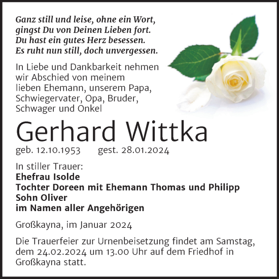 Traueranzeige von Gerhard Wittka von Trauerkombi Merseburg