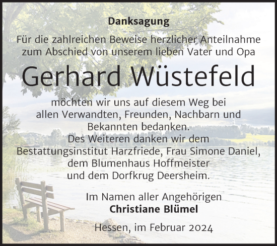 Traueranzeige von Gerhard Wüstefeld von Volksstimme Halberstadt