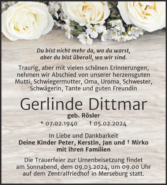 Traueranzeige von Gerlinde Dittmar von Trauerkombi Merseburg