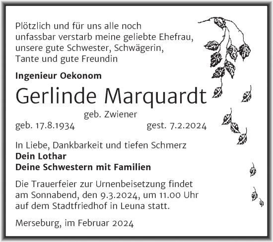 Traueranzeige von Gerlinde Marquardt von Trauerkombi Merseburg