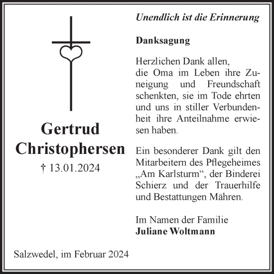 Traueranzeige von Gertrud Christophersen von Volksstimme Altmark West