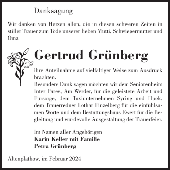Traueranzeige von Gertrud Grünberg von Volksstimme Burg/Genthin