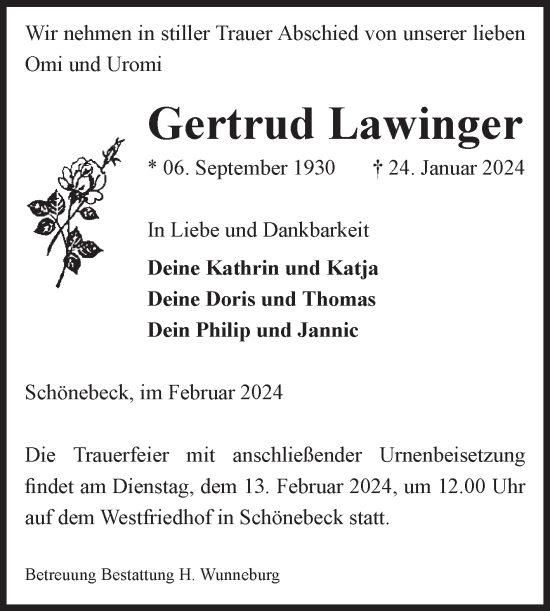 Traueranzeige von Gertrud Lawinger von Volksstimme Schönebeck