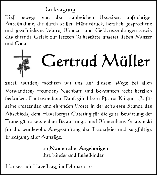 Traueranzeige von Gertrud Müller von Volksstimme Altmark Ost