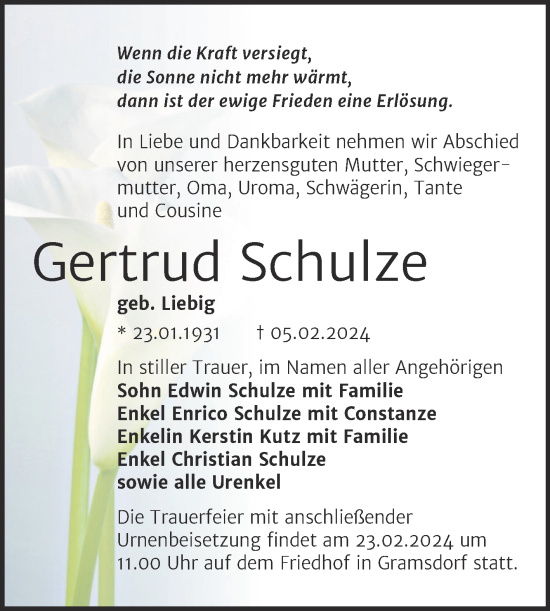 Traueranzeige von Gertrud Schulze von Trauerkombi Bernburg