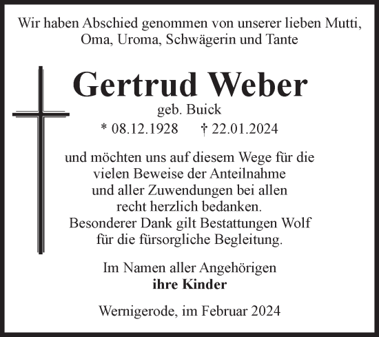 Traueranzeige von Gertrud Weber von Volksstimme Wernigerode