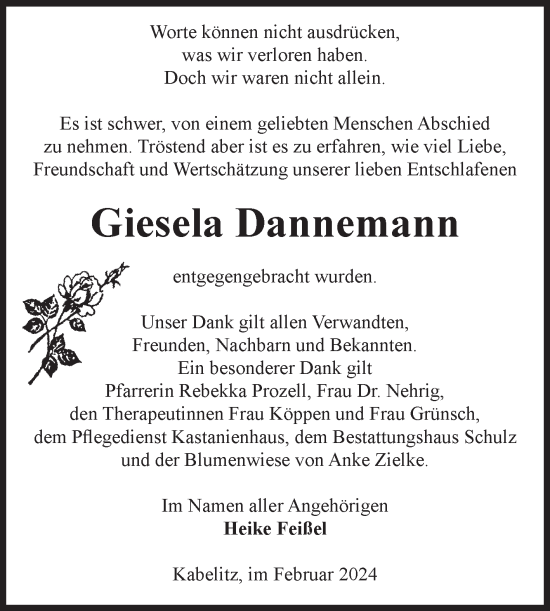Traueranzeige von Giesela Dannemann von Volksstimme Altmark Ost