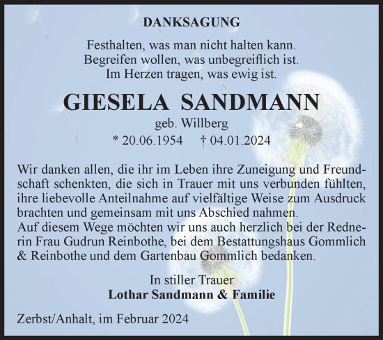 Traueranzeige von Giesela Sandmann von Volksstimme Zerbst