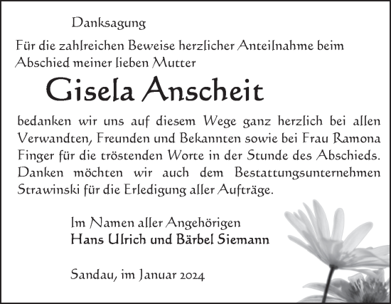 Traueranzeige von Gisela Anscheit von Volksstimme Altmark Ost