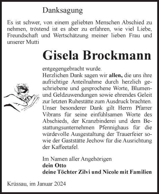 Traueranzeige von Gisela Brockmann von Volksstimme Burg/Genthin
