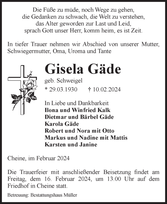 Traueranzeige von Gisela Gäde von Volksstimme Altmark West